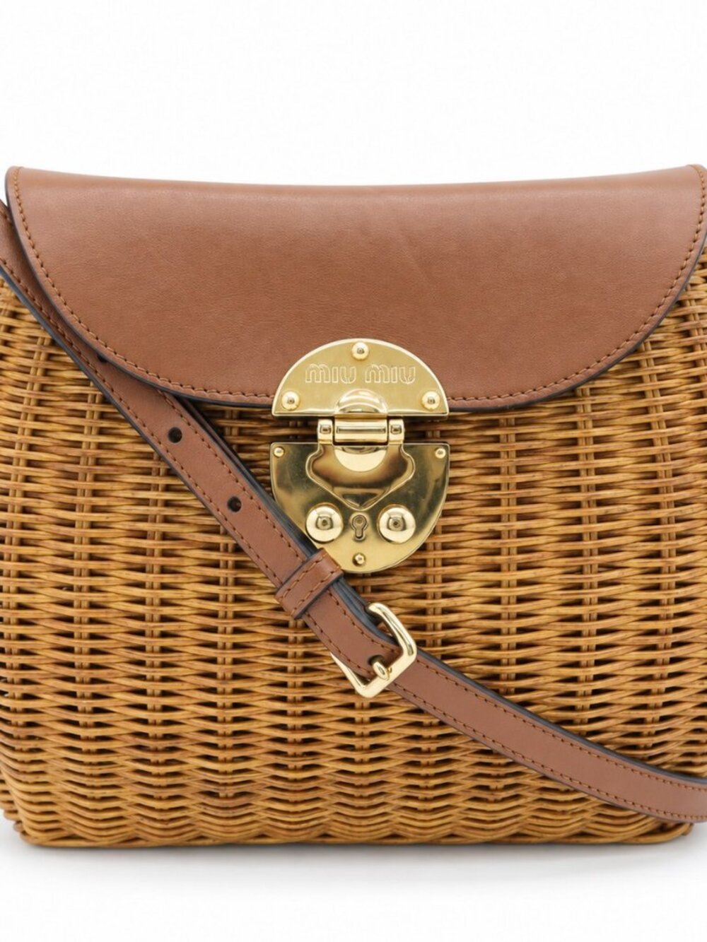 Miu Miu Straw & Leather Crossbody Bag – Natural Tan, Gold Lock (Pre-Owned)